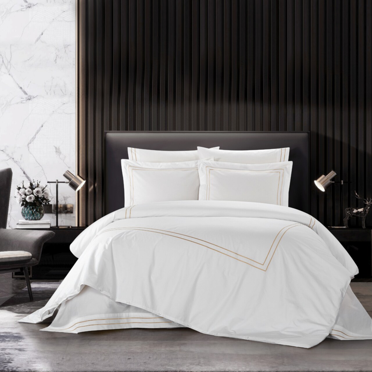 Chic Home Alfrey 3 Piece Organic Cotton Duvet Cover Set Solid White With Dual Stripe Embroidered Border Hotel Collection Bedding